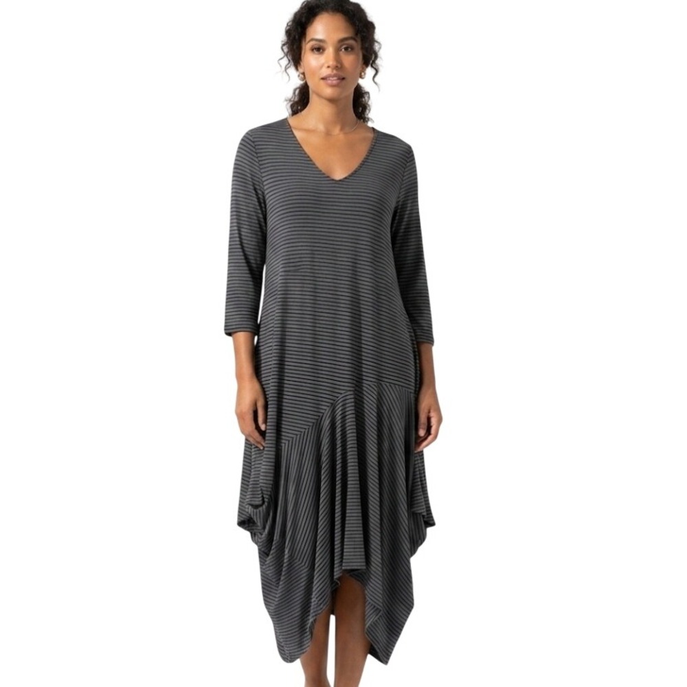 Comfy‎ USA Dress Women XL Gray Striped Asymmetrical Lagenlook Mori Girl Artisan